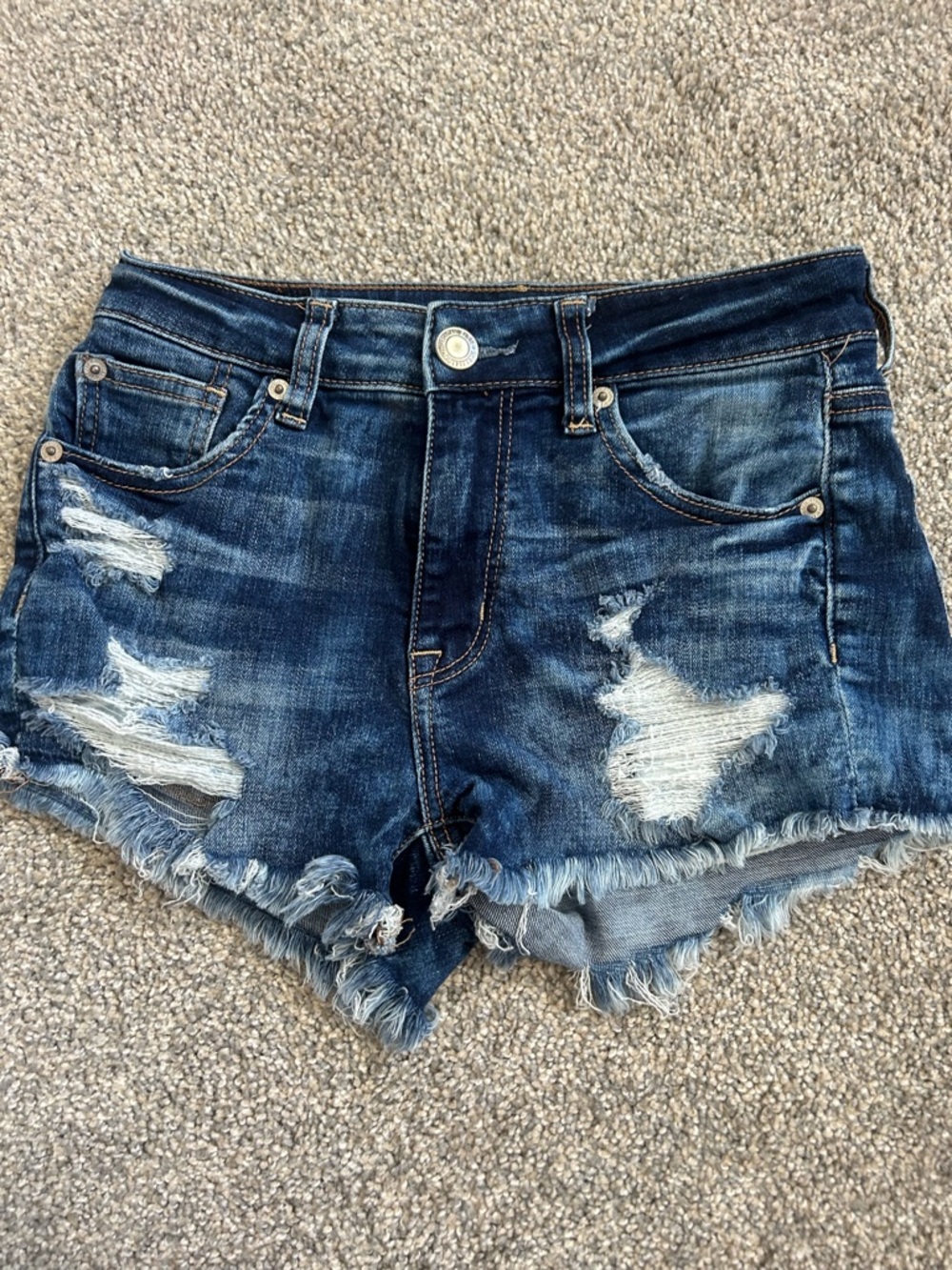 American Eagle Hi-Rise Shortie Dark Blue Distressed Denim Shorts - Women's